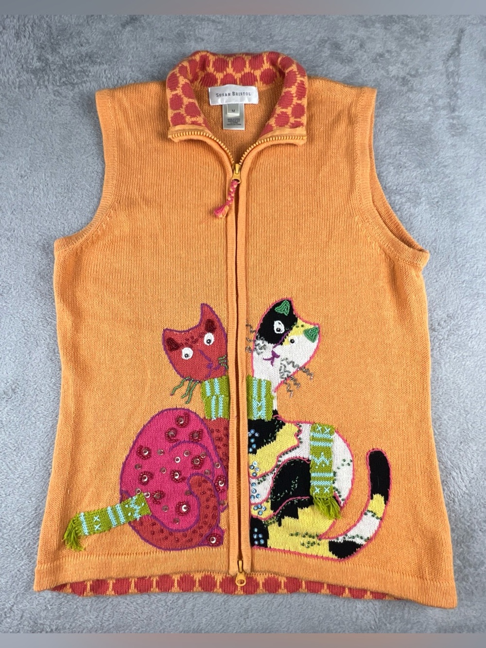 Susan Bristol Cats Sweater Vest M Kitten Embroidered Beaded Full Zip Colorful